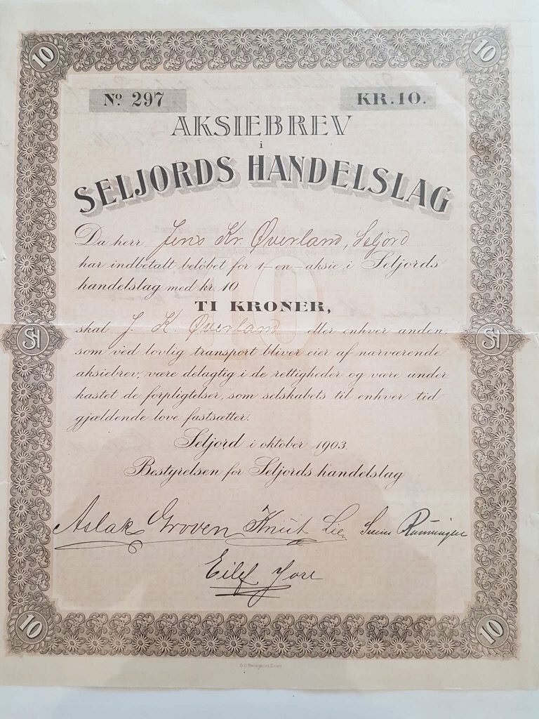 Andelsbrev fra 1903 fra Seljord handelslag